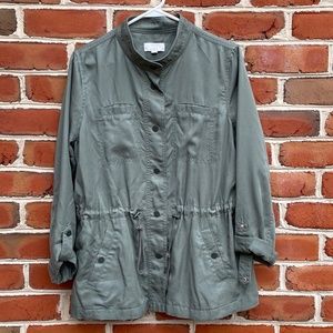 LOFT Olive Green Button Up Jacket with Draw String Waist